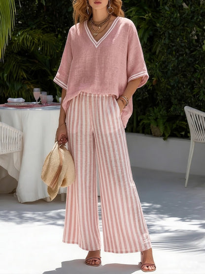 Bahjlia™ | Ensemble Rayé Lin Coton Élégant Décontracté