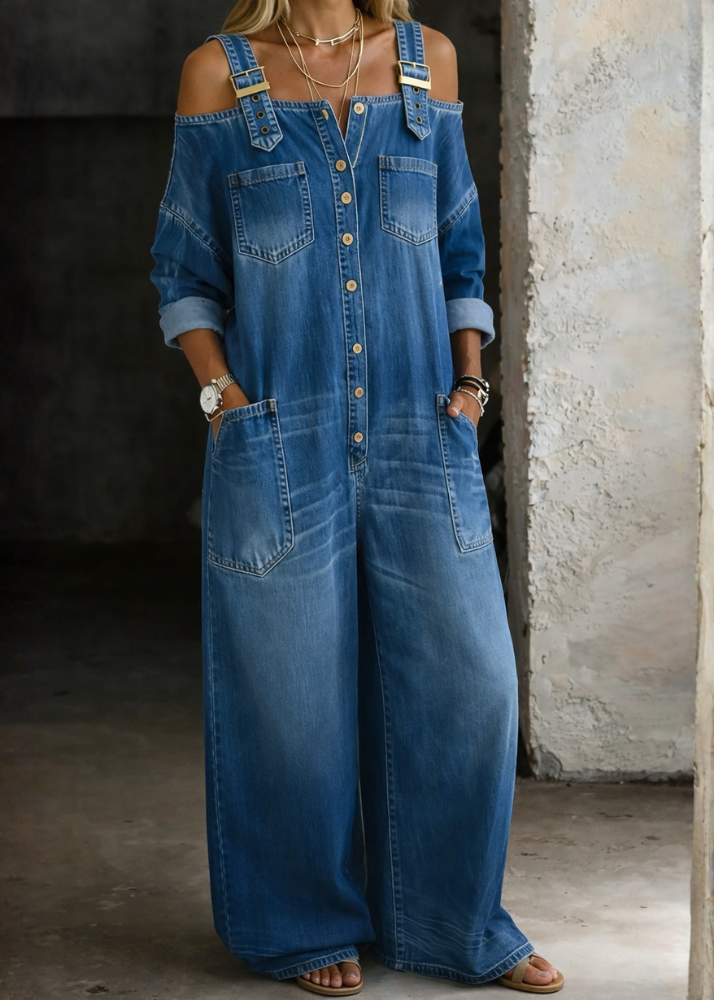 Sophya™ | Combinaison Denim Épaules Dénudées